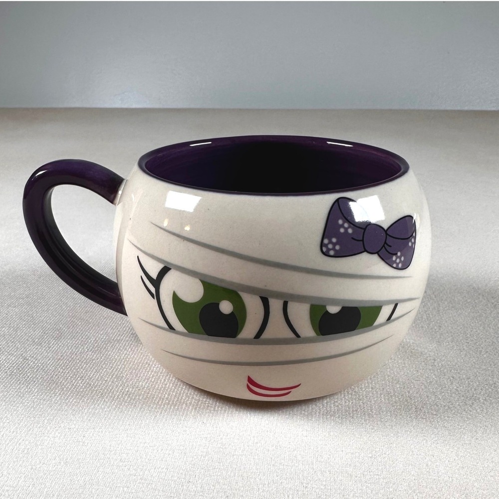 Temp-tations by Tara Halloween Mummy Mug 16 Oz Purple Bow Green Eyes